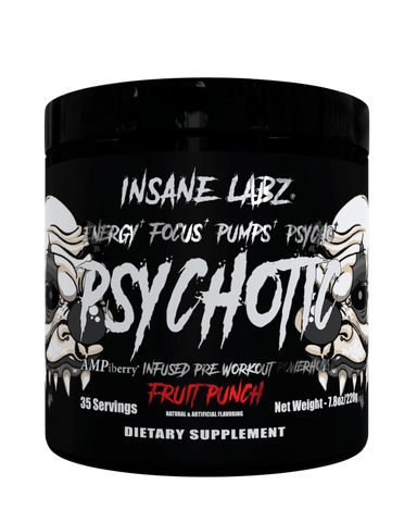 PSYCHOTIC AMPiberry INFUSED PRE-WORKOUT POWERHOUSE. 35 SERVS. FRUIT PUNCH.