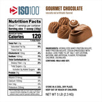 ISO 100. HYDROLIZED PROTEIN POWDER 100% WHEY PROTEIN ISOLATE. 5 LBS. GOURMET CHOCOLATE.