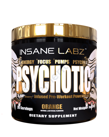 PSYCHOTIC AMPiberry INFUSED PRE-WORKOUT POWERHOUSE GOLD. 35 SERVS. ORANGE.